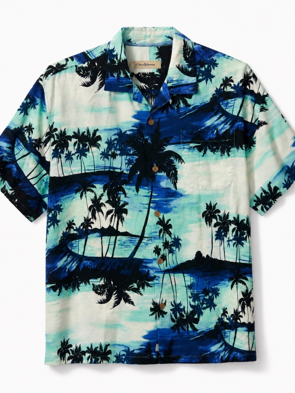 Tommy Bahama 100% Silk Hawaiian Shirt XL, Blue Aqua Palm Tree Island Print, Mens
